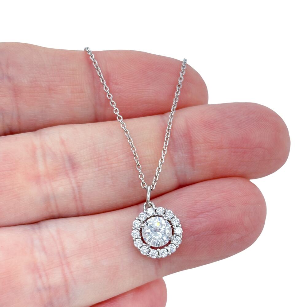 Vintage Sterling Silver 925 Cubic Zirconia Halo Pendant Necklace 17.5"-19.5"